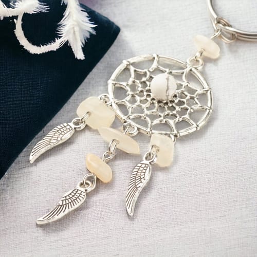 Moonstone and Howlite Dreamcatcher Keychain with Angel Wings